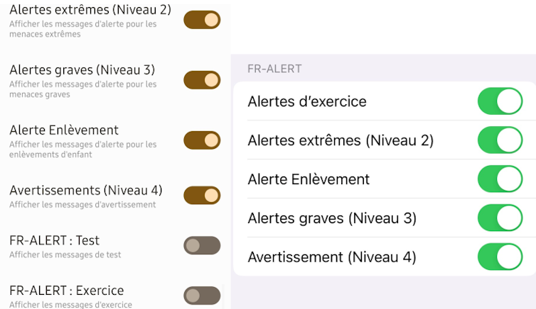 Collage de deux capturs-écrans montrant les deux panneaux de notifications