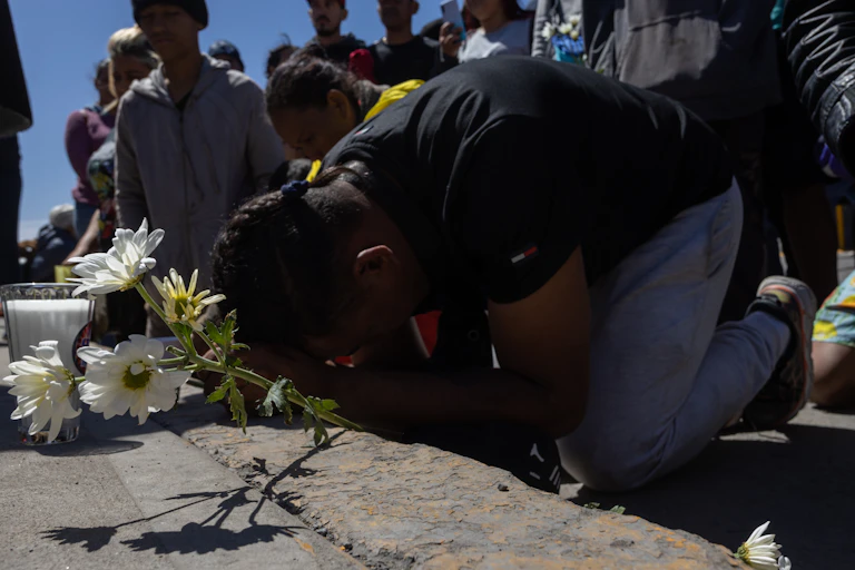 A man kneels in front of flowers.