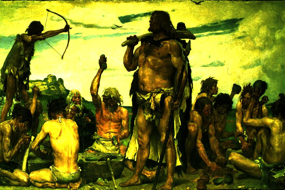 Painting of Stone Age people holding and making weapons