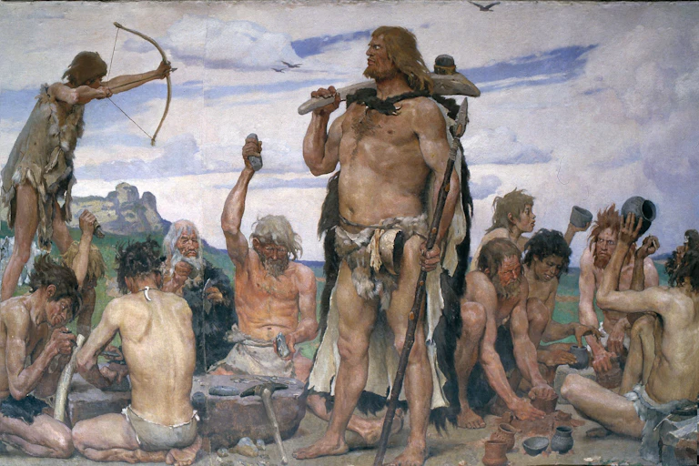 Painting of Stone Age people holding and making weapons