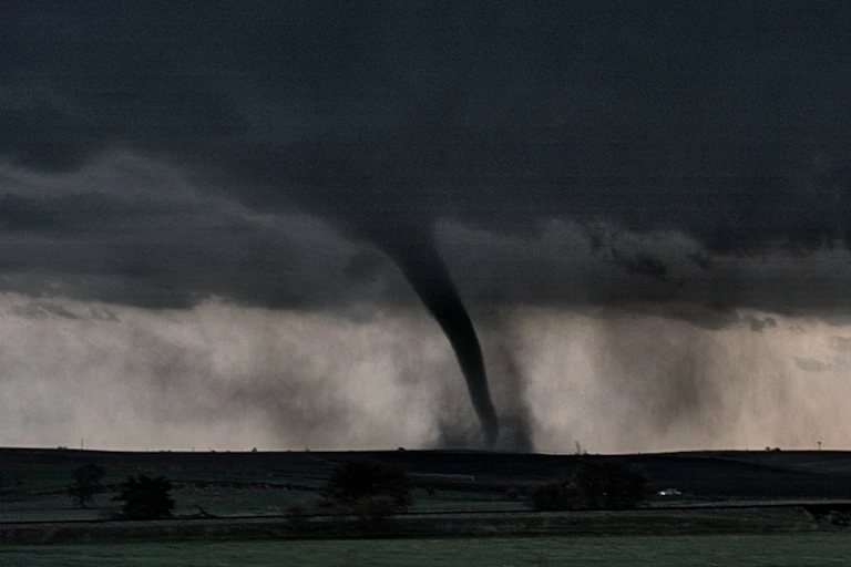 A tornado drops from dark clouds, kicking up debris on the ground.