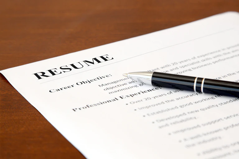 A resume sitting on a desk