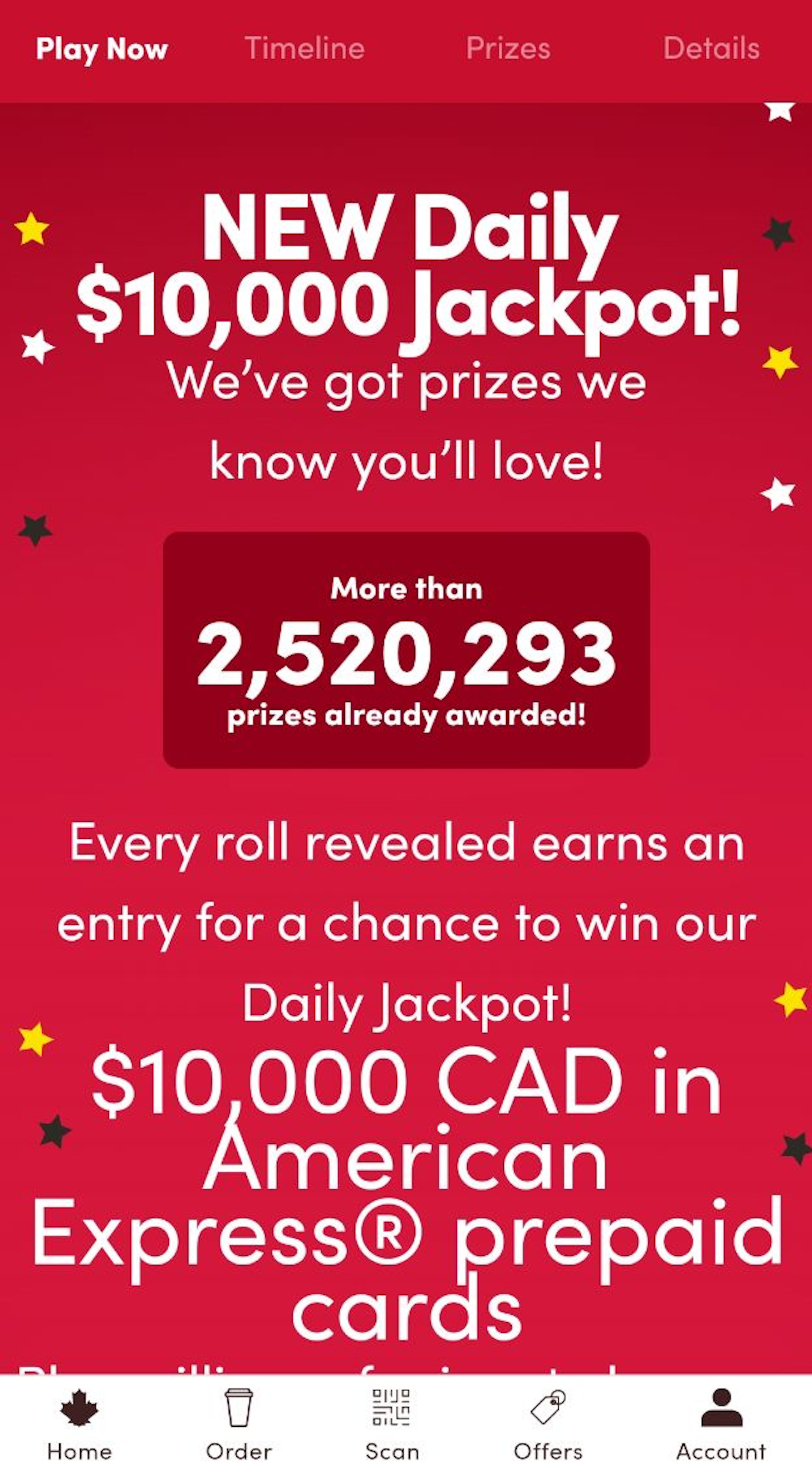 A screenshot of the Tim Hortons app showing More than 2,520,293 prizes already awarded!