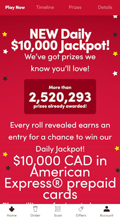 A screenshot of the Tim Hortons app showing More than 2,520,293 prizes already awarded!