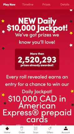A screenshot of the Tim Hortons app showing More than 2,520,293 prizes already awarded!