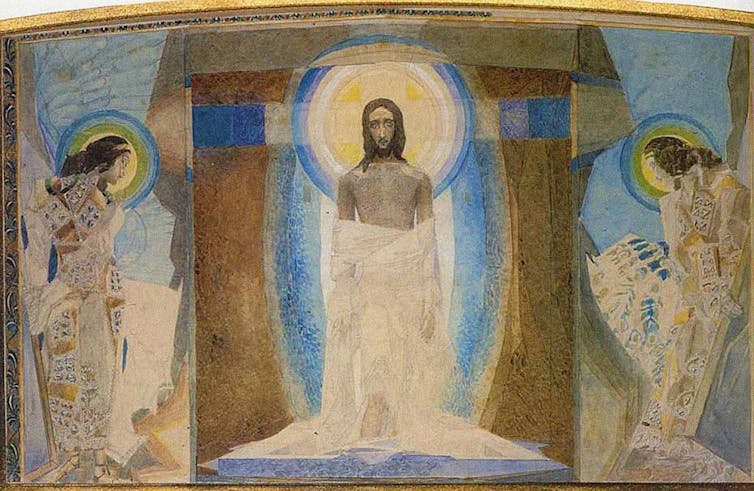 A blue and gold painting showing Jesus with a large halo around his head and one woman on each side.