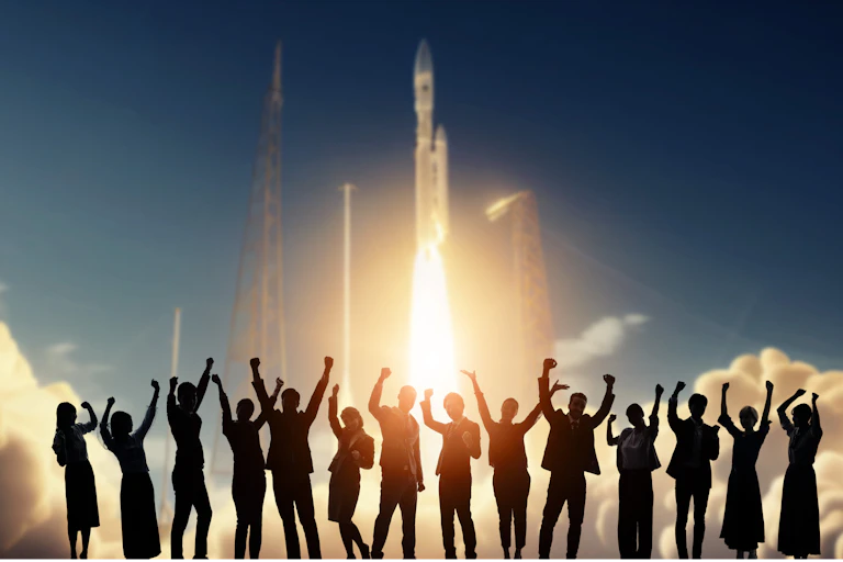People rejoicing at the launch of a space rocket