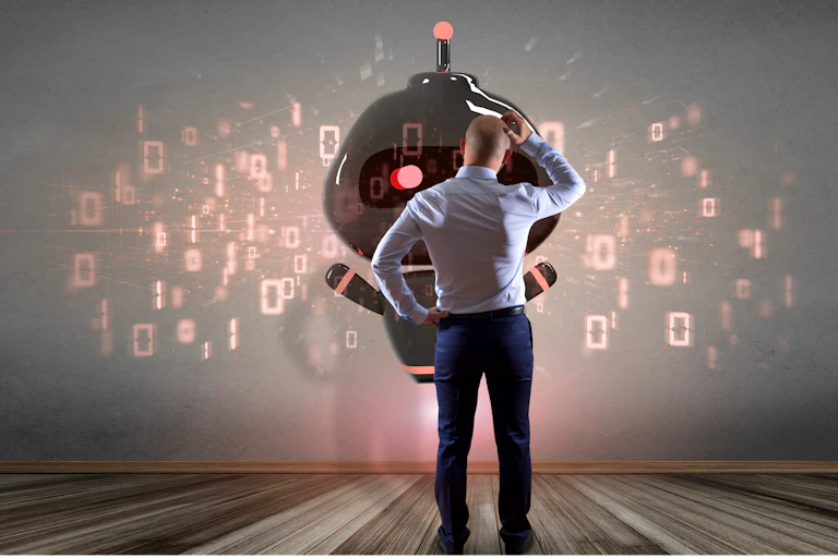 a man stands in front of a graphic of a floating robot