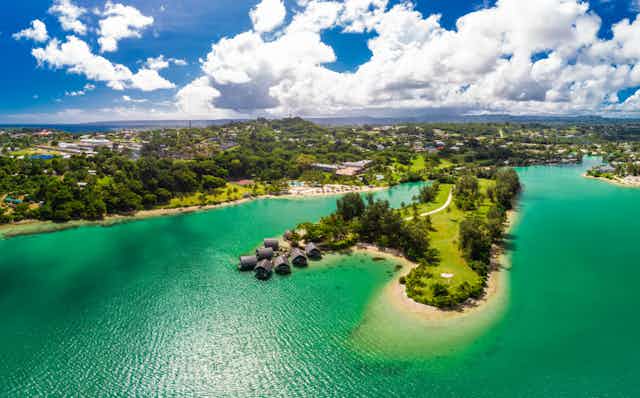 Aerial drone view of Holiday Inn Resort Vanuatu, Port Vila, popular holidaymakers resort. 