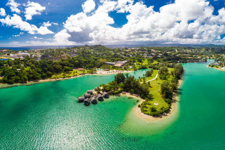 Aerial drone view of Holiday Inn Resort Vanuatu, Port Vila, popular holidaymakers resort.