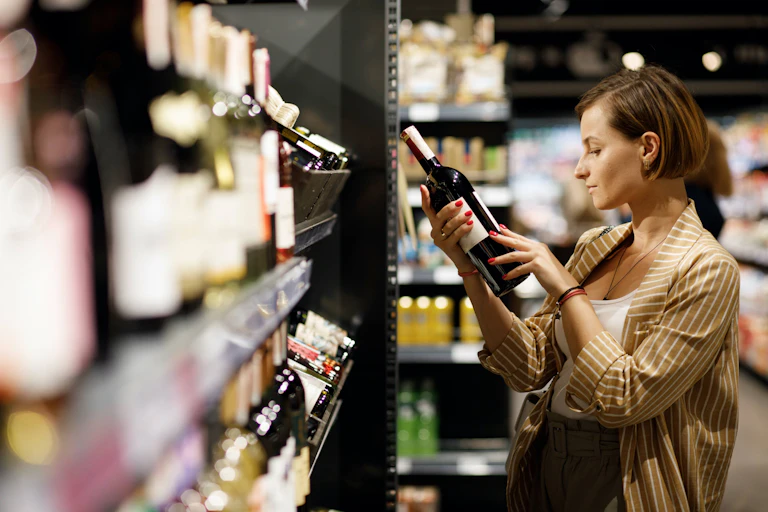 Chica lee etiquetas en botellas de vino en el supermercado.