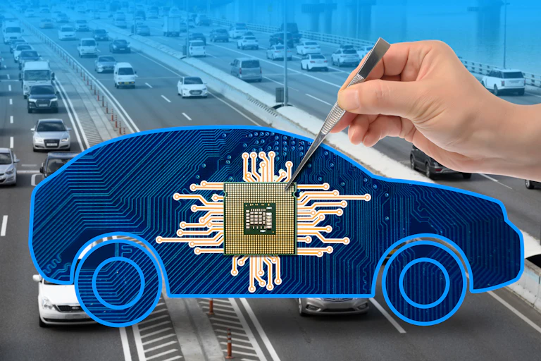 Mock-up of a car with a chip inside in front of lanes of traffic