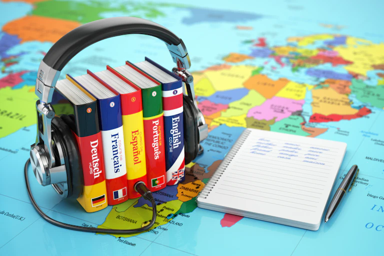 A line of European language dictionaries wears a set of headphones. Next to it is a notepad and pen. In the background is a map of the world.