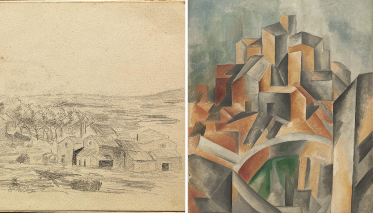 Comparison of an early drawing of Picasso and a latter painting.
