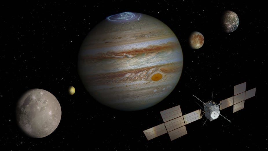 image de Jupiter, Io, Ganymède, Europe et Callisto, avec la sonde JUICE