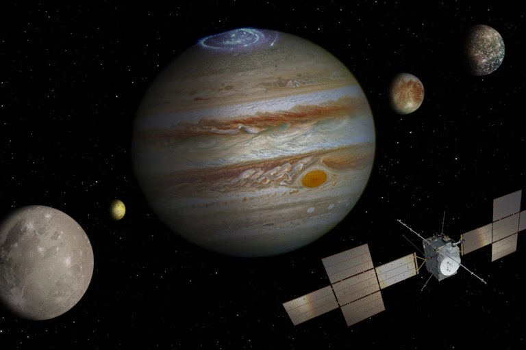 image de Jupiter, Io, Ganymède, Europe et Callisto, avec la sonde JUICE