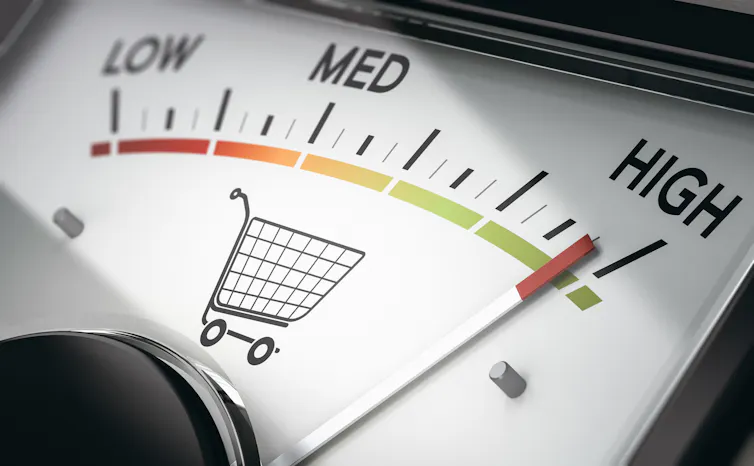 Close-up of a gauge marked with a shopping trolley and low, medium high; pointer at high.