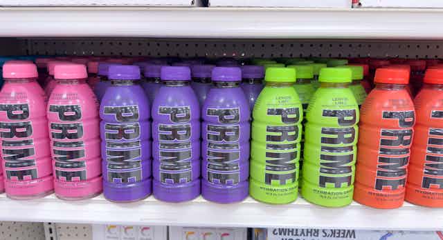 Prime Hydration drinks on a shelf in the US