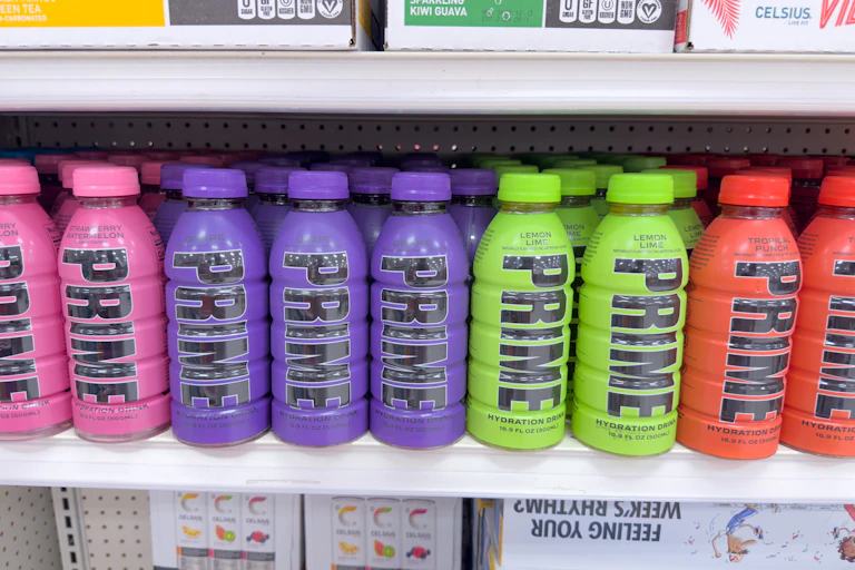 Prime Hydration drinks on a shelf in the US