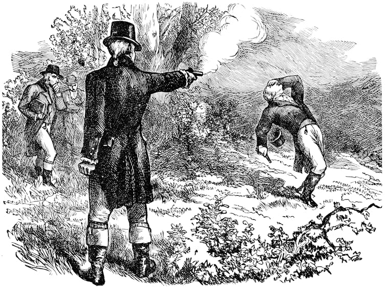 Black-and-white illustration showing Aaron Burr, in black top hat and coat, shooting Alexander Hamilton in a wooded area. Two eyewitnesses stand in the background.