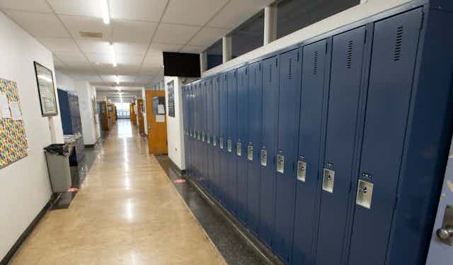 A long hall of lockers.