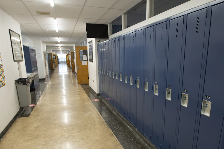 A long hall of lockers.