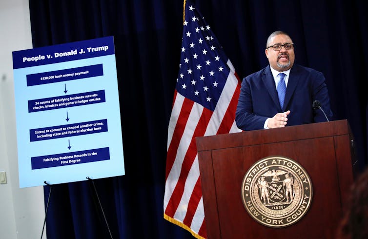 A Black man wears a blue suit and stands at a New York County lectern next to a poster that says 'People v. Donald J. Trump' and in front of an American flag.