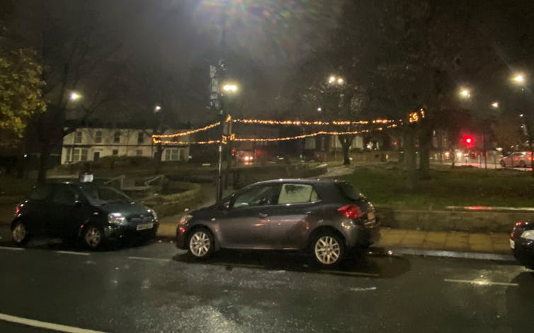 A night scene of some Christmas lights in a green space.