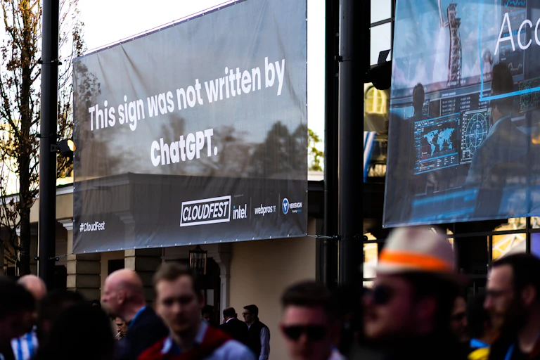 a banner reading "This sign was not written by ChatGPT