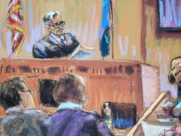 An artist's impression of Judge Juan Marchan, who will preside over the trial of Donald Trump.