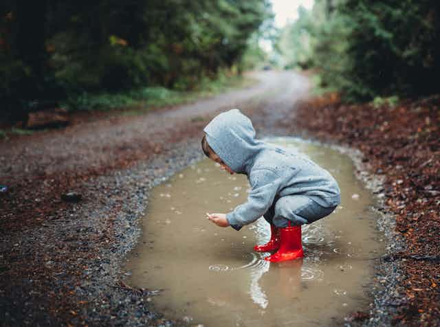a toddler in boots squats in a puddle on a dirt road in the woods on a rainy day