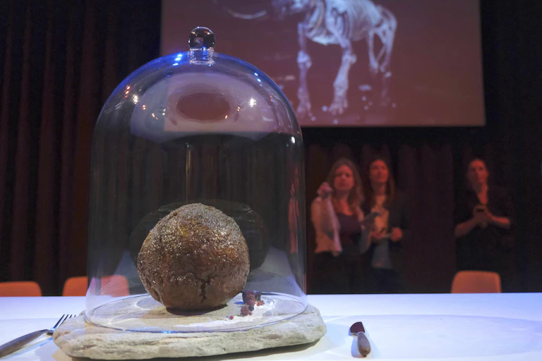 A photo of a meatball made from cultured mammoth meat on a plate beneath a glass cloche with spectators in the background.