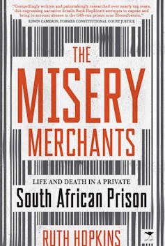 A book cover featuring a background illustration of black and white stripes and red letters reading 'The Misery Merchants'