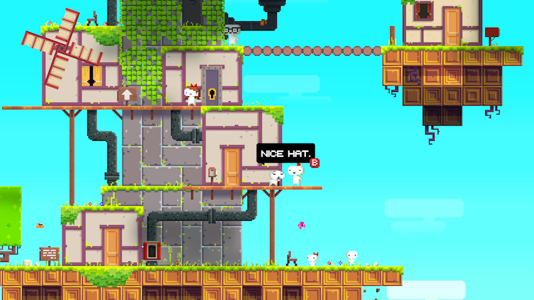 A computer game animation shows a platform set against a blue sky, where various coloured blocks are mounted up.