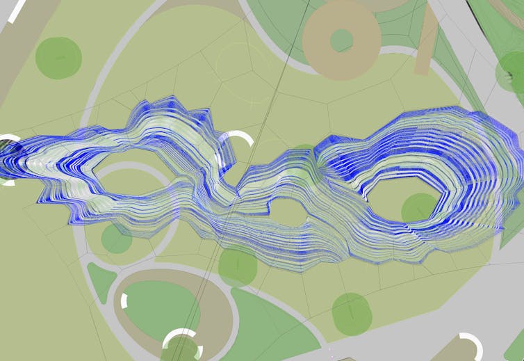 A digital model of a blue sculpture hanging over a green landscape