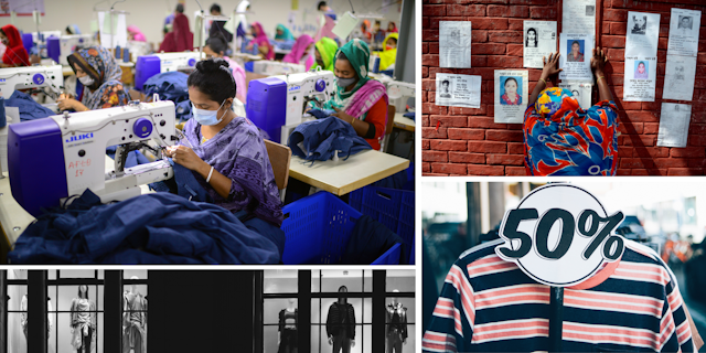 a collage shows (clockwise): women at sewing machines, a woman posting 'missing' posters for her loved ones, a shop window and a T-shirt with a 50 per cent off sign.