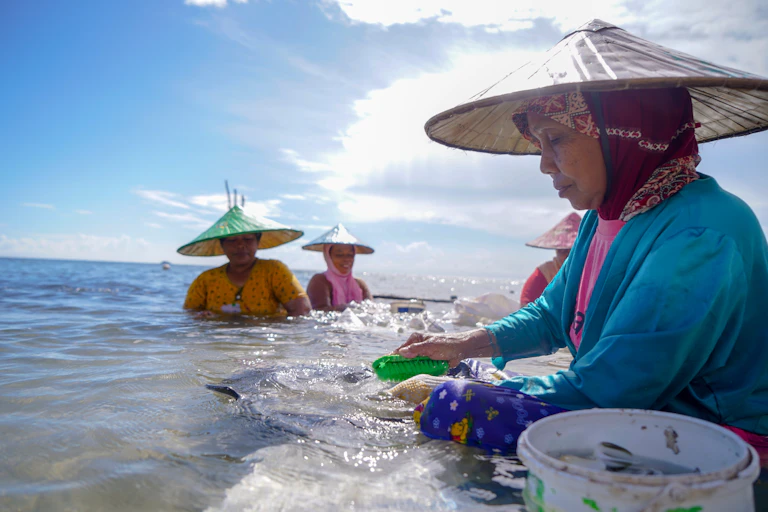 Women clean fish in the water.