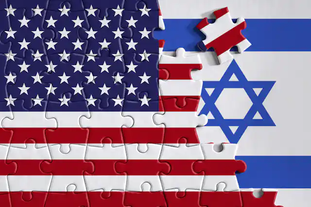 A puzzle piece of the United States flag is placed over a blue and white stripped flag with a Jewish star.