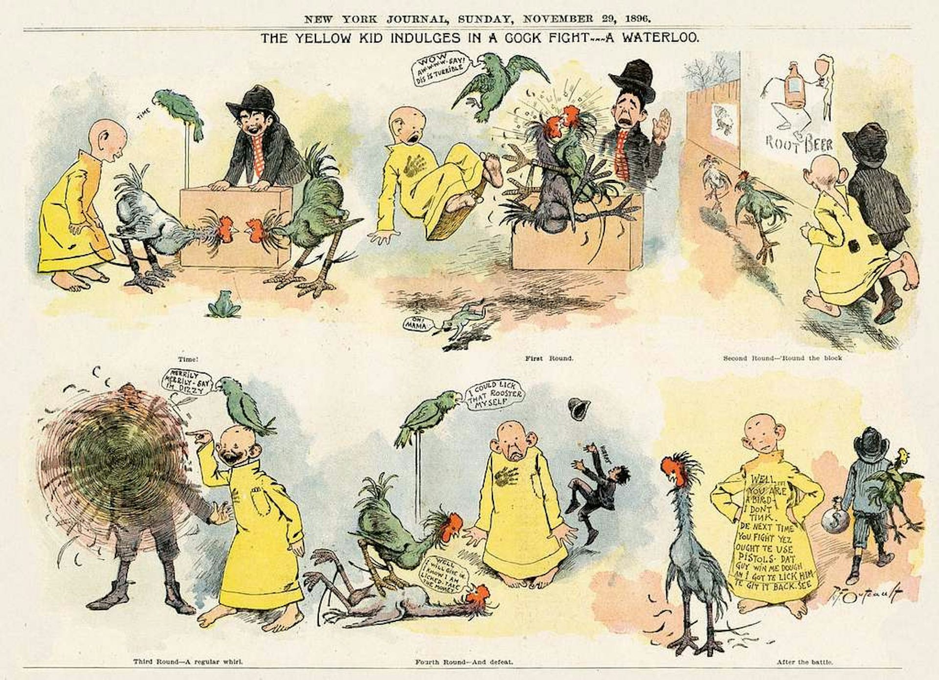 El Yellow Kid y un amigo organizan una pelea de gallos en una de las viñetas dibujadas por Richard F. Outcault. 