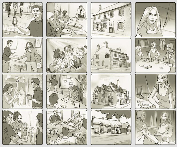 Ejemplo de storyboard, una serie de viñetas que retratan