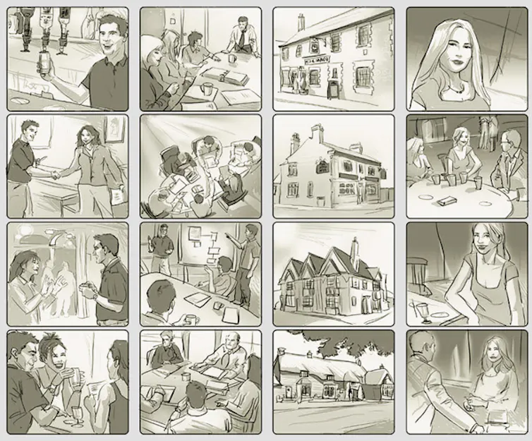 Ejemplo de storyboard, una serie de viñetas que retratan