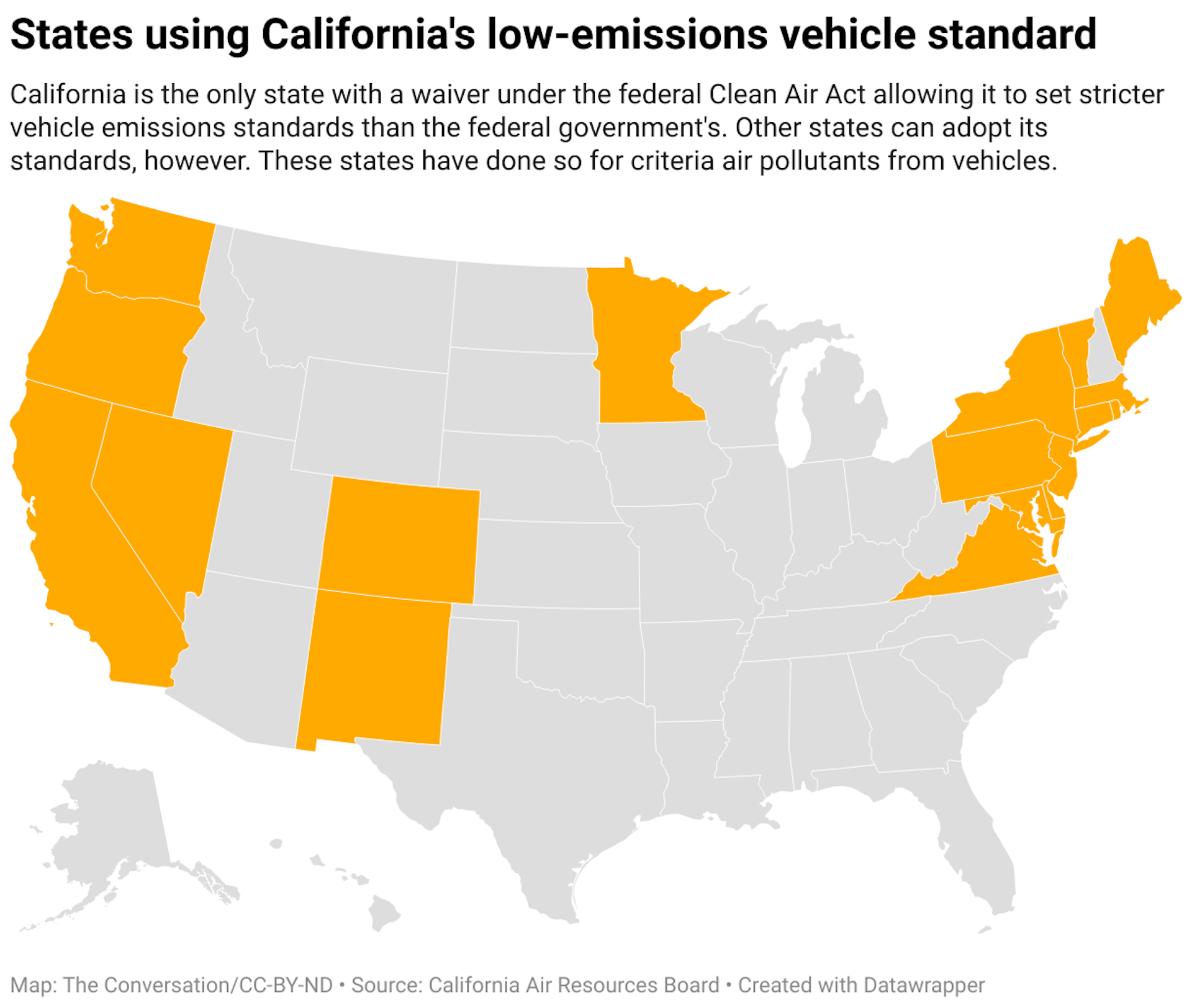 A map of the United States with states color-coded depending on if they have adapted California's low-emissions vehicle standard.