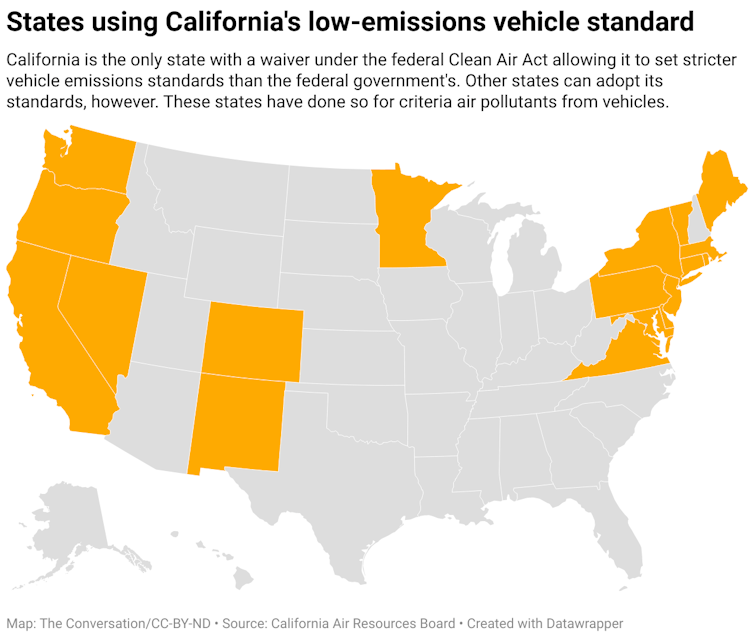 A map of the United States with states color-coded depending on if they have adapted California's low-emissions vehicle standard.