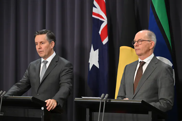 Two men in front of flags at official press conference