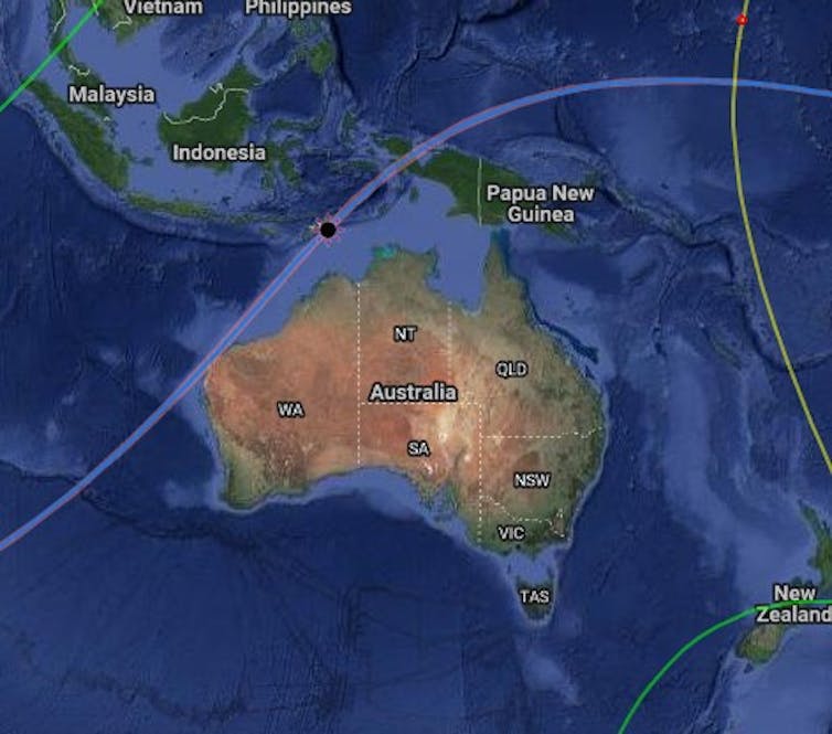 Map of Australia and Indonesia showing the path of totality from Exmouth WA to Papua, Indonesia.