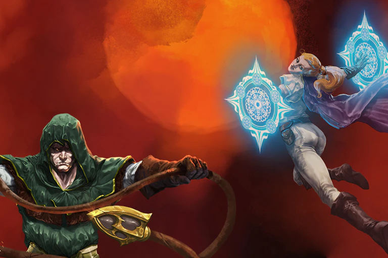 Three characters from Vampire Survivors pictured against an orange sun.