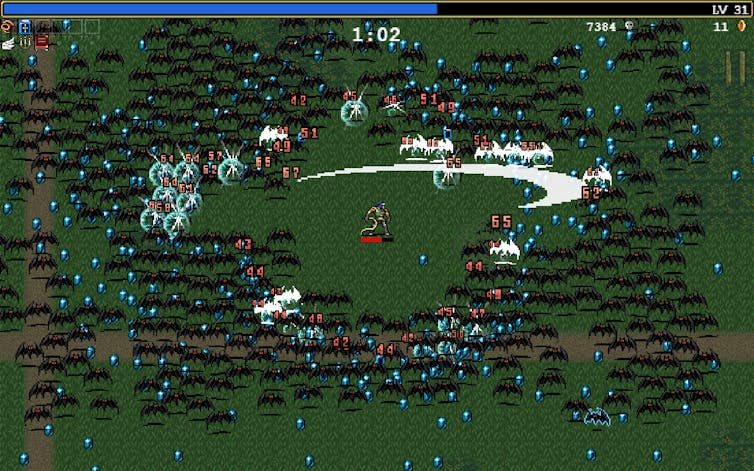 A screen from game play shows a character fighting off hordes of low res vampires.