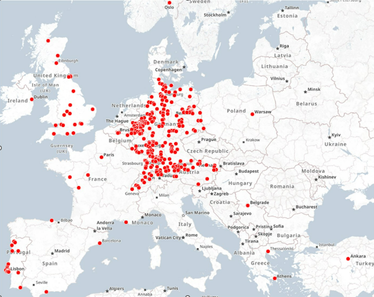 Un mapa de Europa en el que están marcadas las ciudades con acciones de Kidical Mass.