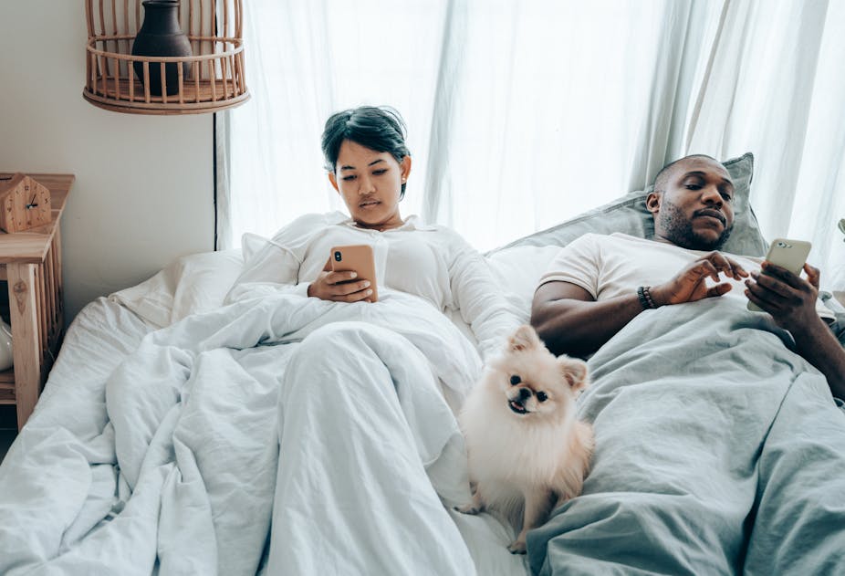 Multiracial couple surfing mobile phones lying in bed with dog