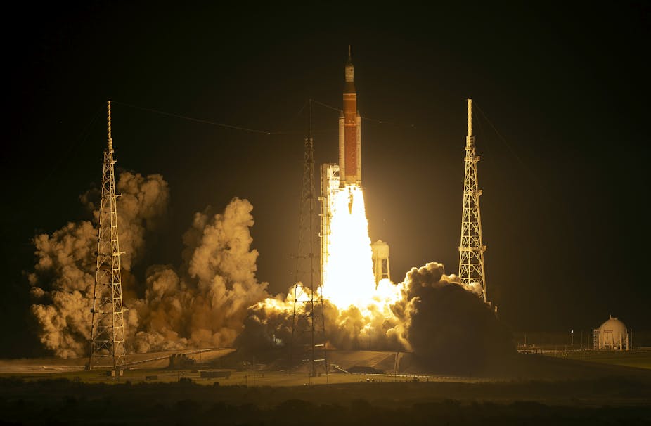 A space rocket launches. 